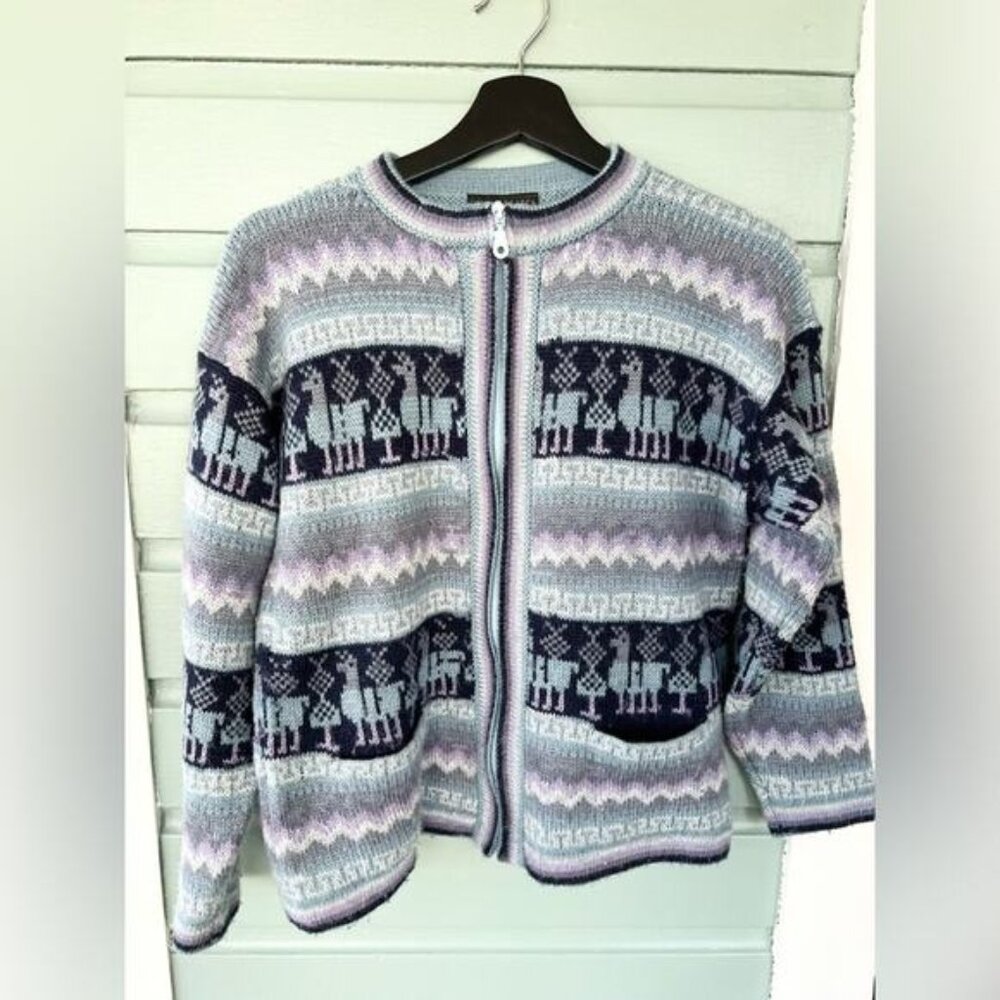 Vintage sebsatex 100% alpaca blue zip up sweater cozy warm fall winter granny